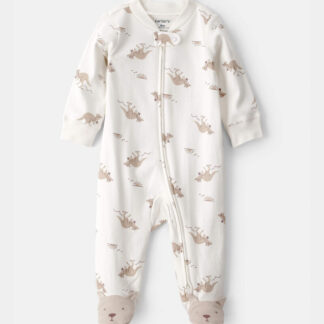 Pijama enterizo para bebé con estampado de canguro, cremallera bidireccional y 100 % algodón, color crema.