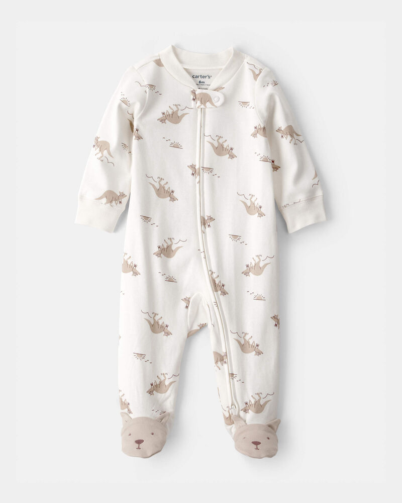 Pijama enterizo para bebé con estampado de canguro, cremallera bidireccional y 100 % algodón, color crema.
