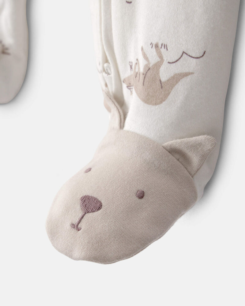 Pijama enterizo para bebé con estampado de canguro, cremallera bidireccional y 100 % algodón, color crema. - Imagen 4