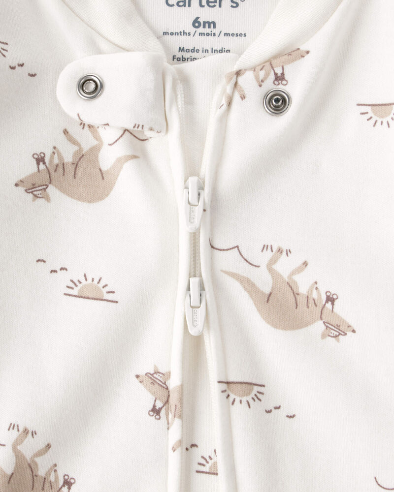 Pijama enterizo para bebé con estampado de canguro, cremallera bidireccional y 100 % algodón, color crema. - Imagen 2