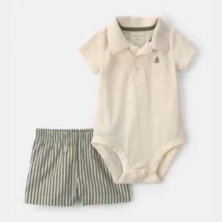 Conjunto Polo de 2 Piezas para Bebé Niño – Crema/Verde | 24 meses